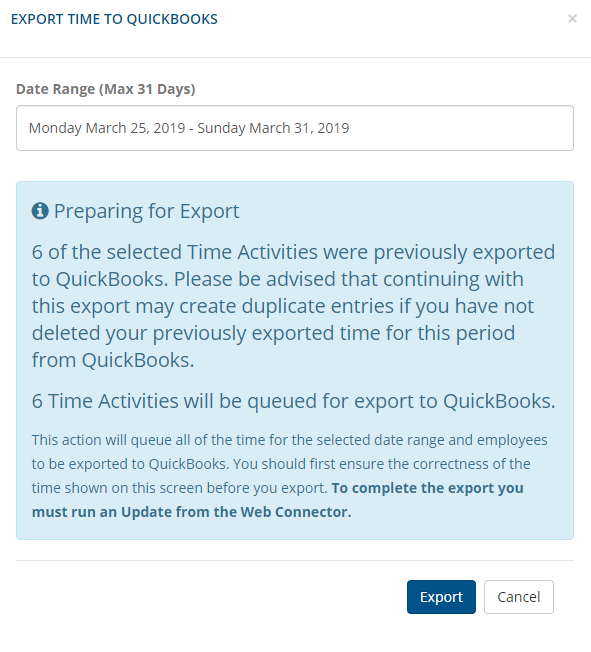 Exporting time to quickbooks